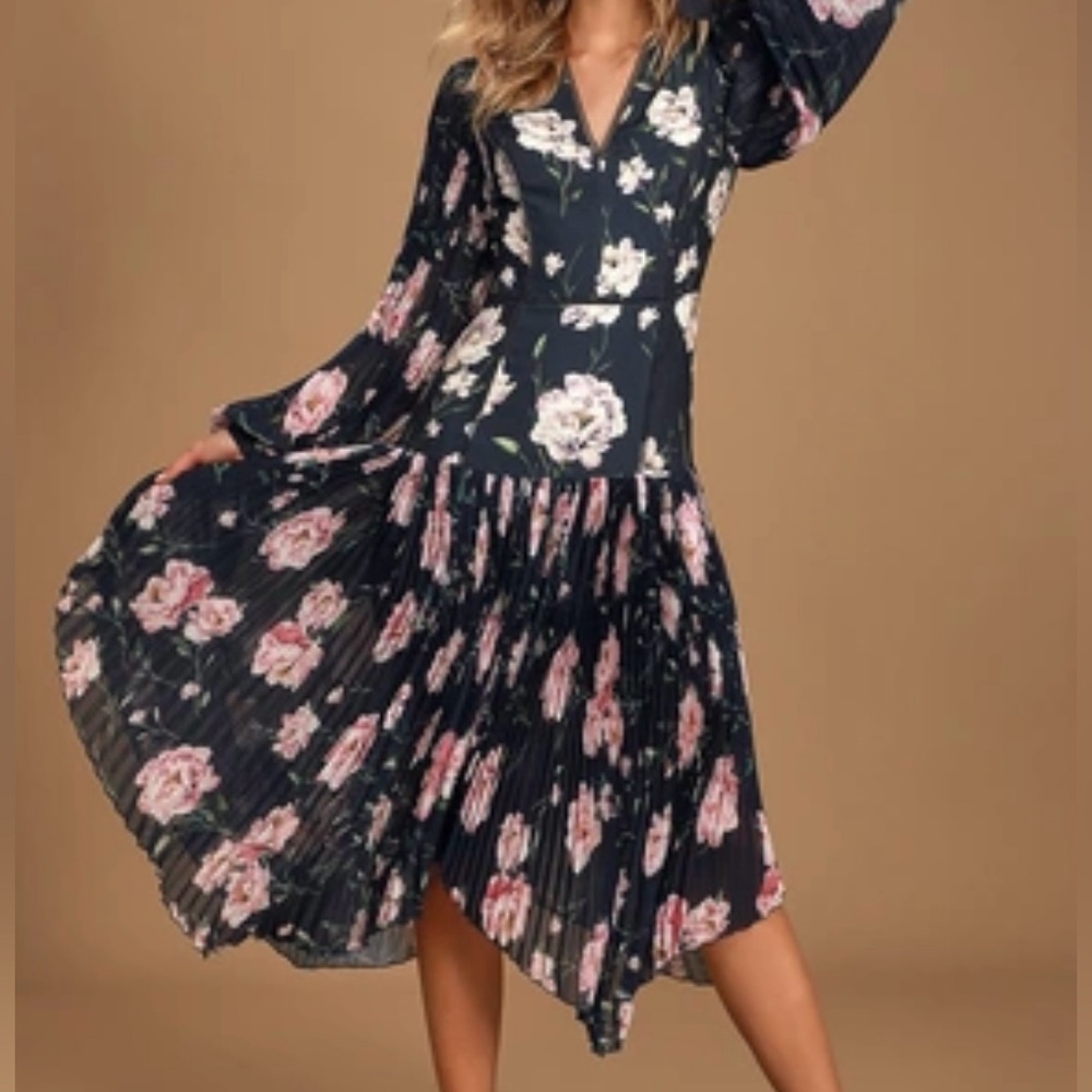 Keepsake The lable navy Floral Pleated asymmetrical Dress